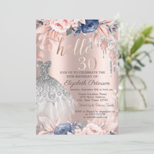 Invitation Parties scintillant Drapeau Robe Fleurs Bleues 30e (Debout devant)