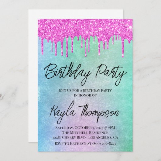 Invitation Parties scintillant Drift Arc-en-ciel Anniversaire (Devant / Derrière)