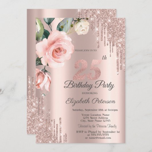 Invitation Parties scintillant Drips Aquarelle Roses 25e anni (Devant / Derrière)