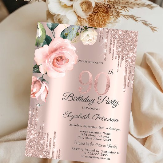 Invitation Parties scintillant Drips Aquarelle Roses 90e anni