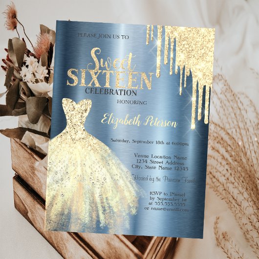 Invitation Parties scintillant Drips Gold Robe Metallic Blue 