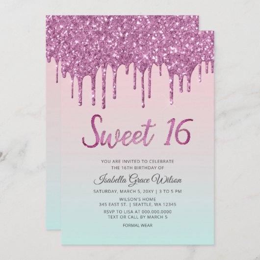 Invitation Parties scintillant Drips Holographe rose Sweet 16 (Devant / Derrière)