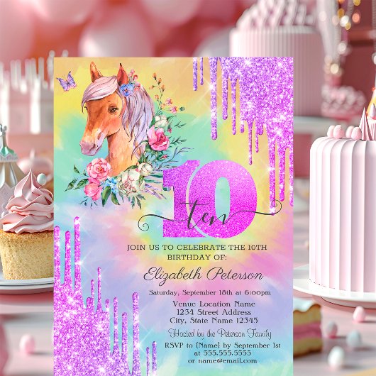 Invitation Parties scintillant Drips Pony Tie Dye 10e anniver