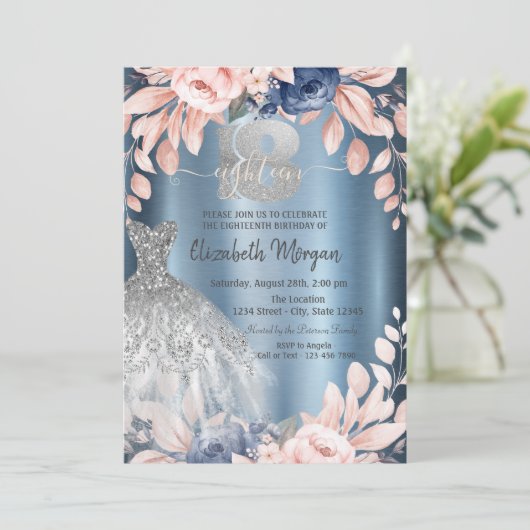 Invitation Parties scintillant Drips Robe Fleurs Bleu Métalli (Debout devant)