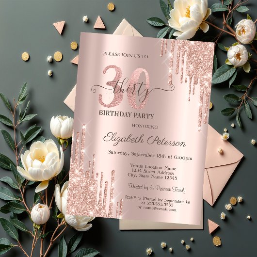 Invitation Parties scintillant Drips Rose Gold 30e fête d'ann