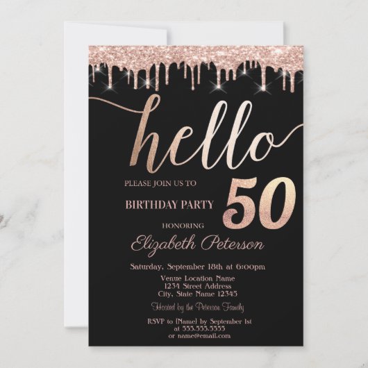 Invitation Parties scintillant Drips Rose Gold 50e fête d'ann (Devant)