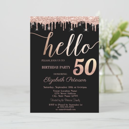 Invitation Parties scintillant Drips Rose Gold 50e fête d'ann (Debout devant)