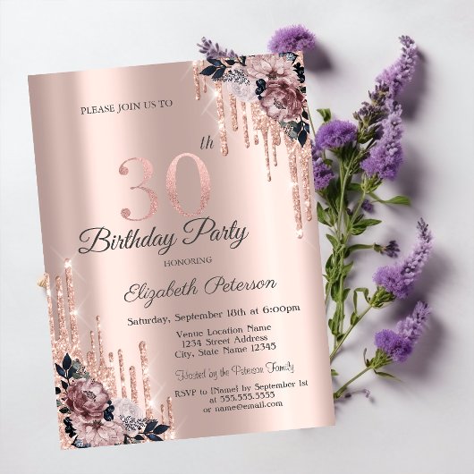 Invitation Parties scintillant Drips Rose Gold Flowers 30e an