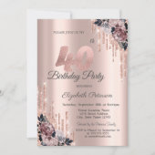 Invitation Parties scintillant Drips Rose Gold Flowers 40e an (Devant)