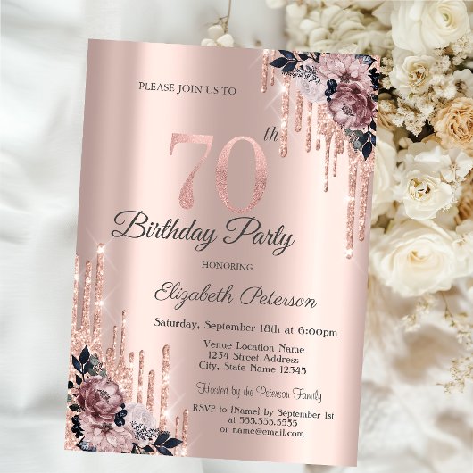 Invitation Parties scintillant Drips Rose Gold Flowers 70e an