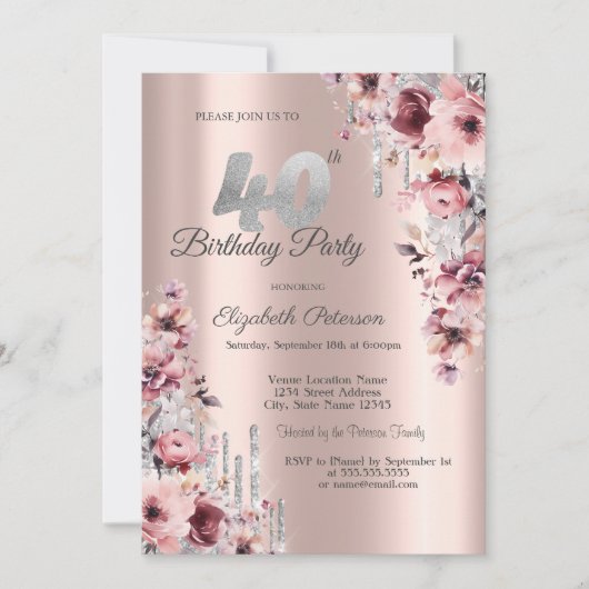 Invitation Parties scintillant Drips Rose or rose floral 40e (Devant)