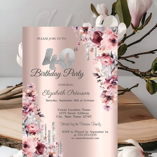 Invitation Parties scintillant Drips Rose or rose floral 40e 