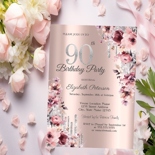 Invitation Parties scintillant Drips Rose or rose floral 90e 