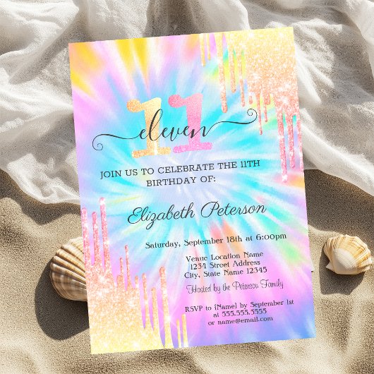 Invitation Parties scintillant Drips Tie Dye 11e anniversaire