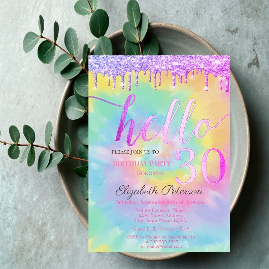 Invitation Parties scintillant Drips Tie Dye 30e fête d'anniv