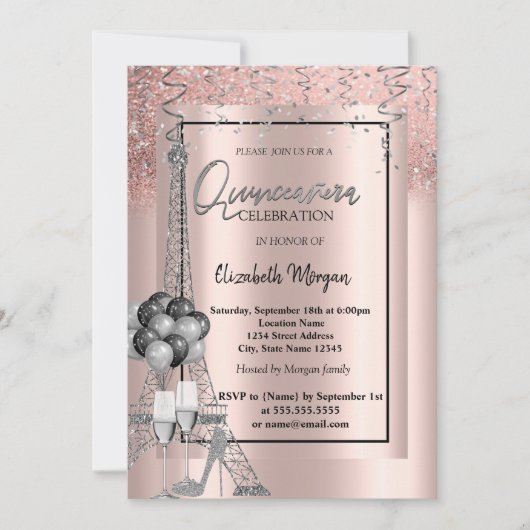 Invitation Parties scintillant Eiffel Balloons Rose Gold Quin (Devant)