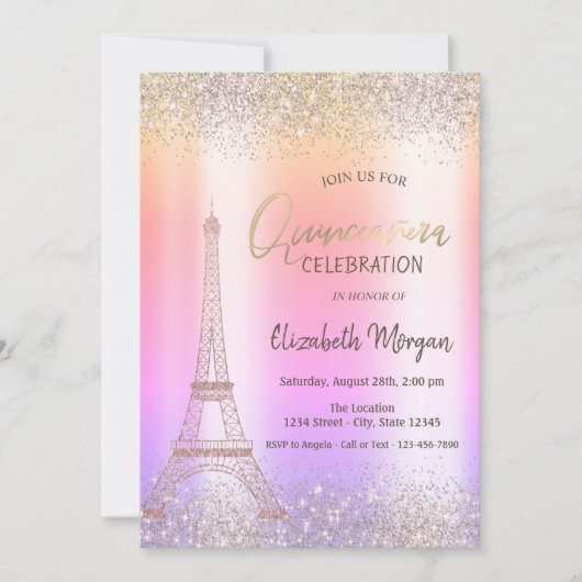 Invitation Parties scintillant Eiffel Confetti Ombre Quinceañ (Devant)