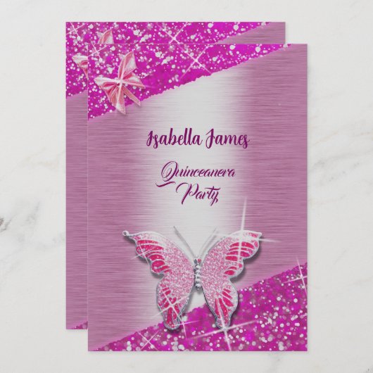 Invitation parties scintillant élégante feuille rose brillant (Devant / Derrière)
