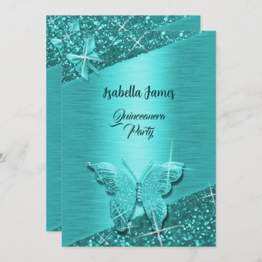 Invitation parties scintillant élégante feuille turquoise mou (Devant / Derrière)