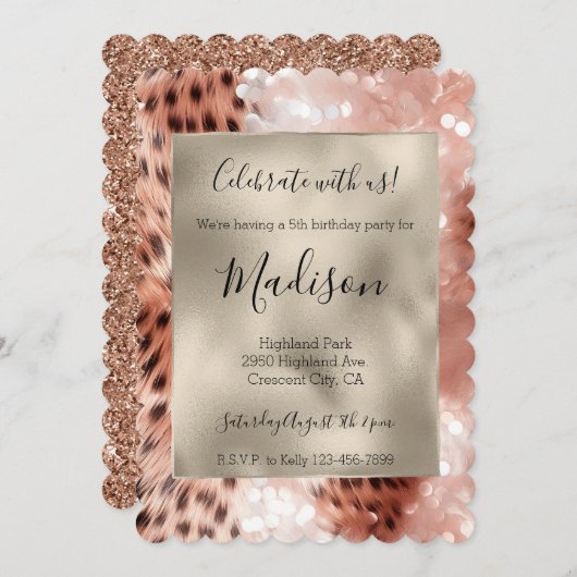 Invitation Parties scintillant élégante rose Gold Leopard Gli (Devant / Derrière)