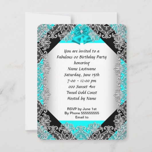 Invitation Parties scintillant élégante Turquoise Blue Stilet (Dos)