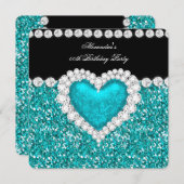 Invitation Parties scintillant élégante Turquoise Coeur bleu (Devant / Derrière)