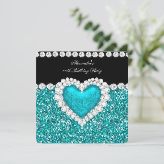Invitation Parties scintillant élégante Turquoise Coeur bleu (Debout devant)