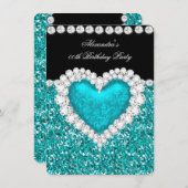 Invitation Parties scintillant élégante Turquoise Coeur Bleu  (Devant / Derrière)