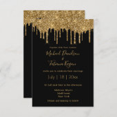 Invitation parties scintillant élégantes à goutte d'or noir m (Devant / Derrière)