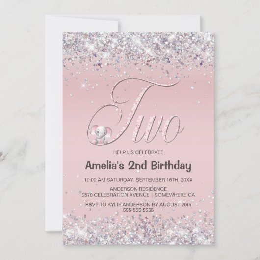 Invitation Parties scintillant Eléphant rose 2e fête d'annive (Devant)