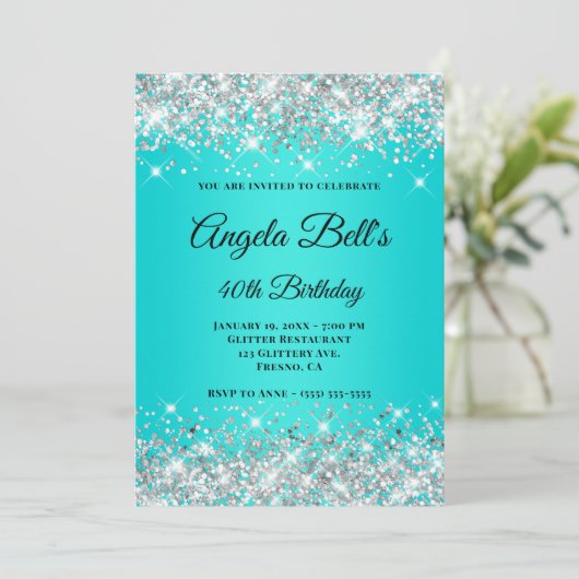 Invitation Parties scintillant en argent Aqua Turquoise Ombre (Debout devant)