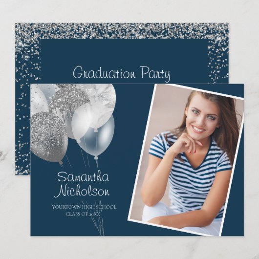 Invitation Parties scintillant en argent bleu de la marine Ba (Devant / Derrière)