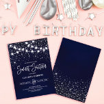 Invitation Parties scintillant en argent bleu marine éclat do<br><div class="desc">Cette majestueuse et glamour invitation d'anniversaire sweet sixteen est parfaite pour la fille fille. Il présente des brins lumineux suspendus au-dessus de confettis de parties scintillant brillant en argent faux imprimé sur un arrière - plan abstrait bleu marine inspiré des étoiles dans le ciel nocturne. C'est joli, chic, moderne, tendance...</div>