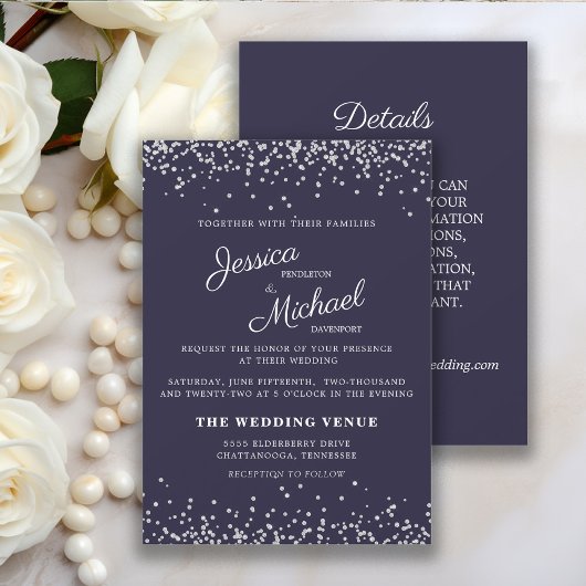 Invitation Parties scintillant en argent bleu marine Mariage