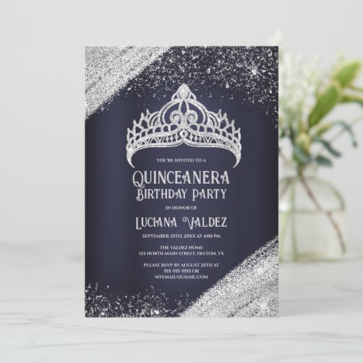 Invitation Parties scintillant en argent bleu marine Princess (Debout devant)