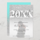Invitation parties scintillant en argent bleu turquoise 2020 (Devant / Derrière)