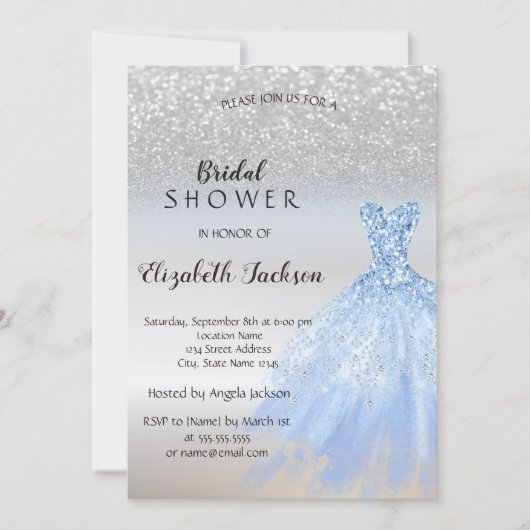 Invitation Parties scintillant en argent Bokeh Blue robe Fête (Devant)
