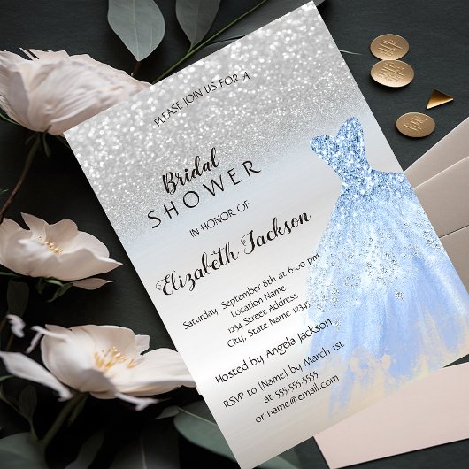 Invitation Parties scintillant en argent Bokeh Blue robe Fête