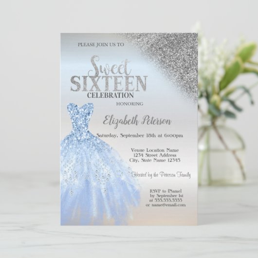 Invitation Parties scintillant en argent Bokeh, Robe bleue Si (Debout devant)