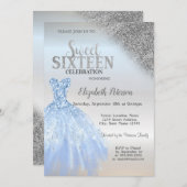 Invitation Parties scintillant en argent Bokeh, Robe bleue Si (Devant / Derrière)