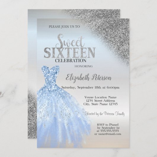 Invitation Parties scintillant en argent Bokeh, Robe bleue Si (Devant / Derrière)