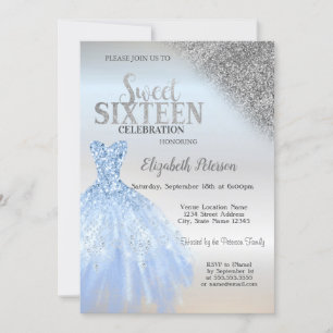 Invitation Parties scintillant en argent Bokeh, Robe bleue Si
