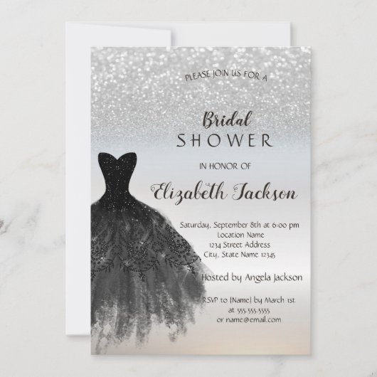 Invitation Parties scintillant en argent Bokeh, Robe noire Fê (Devant)