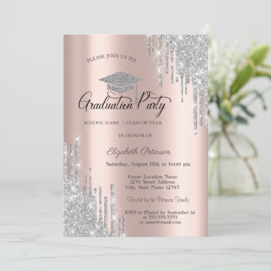 Invitation Parties scintillant en argent, diplôme Rose d'or (Debout devant)