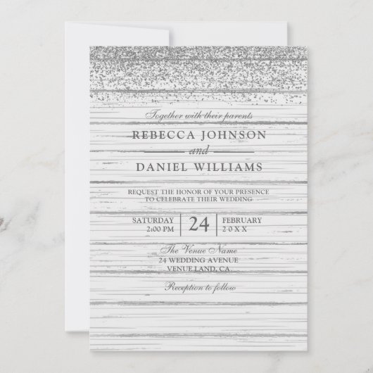 Invitation Parties scintillant en argent en bois blanc rustiq (Devant)
