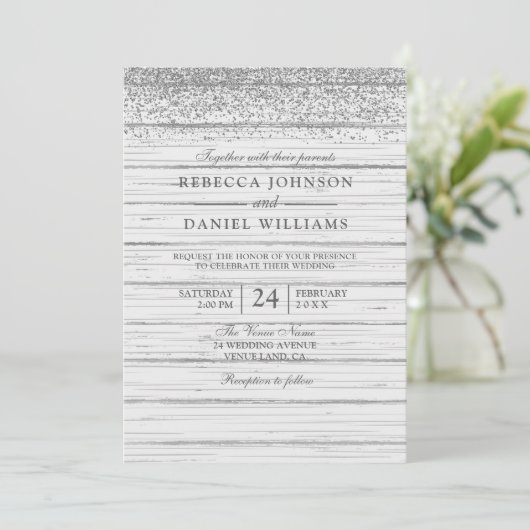 Invitation Parties scintillant en argent en bois blanc rustiq (Debout devant)