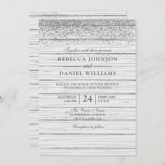 Invitation Parties scintillant en argent en bois blanc rustiq (Devant / Derrière)