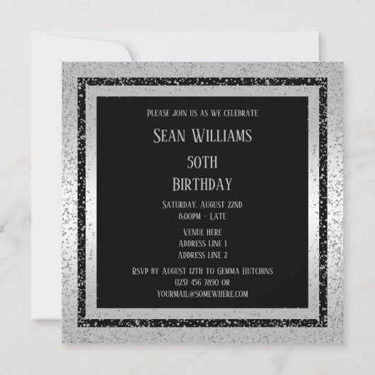 Invitation Parties scintillant en argent et noir encadrée 50e (Dos)