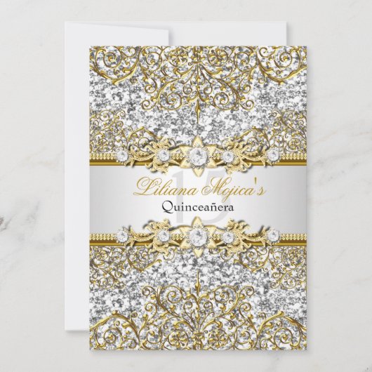 Invitation Parties scintillant en argent et or Damask Quincea (Devant)