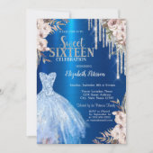 Invitation Parties scintillant en argent, Fleurs de robe bleu (Devant)